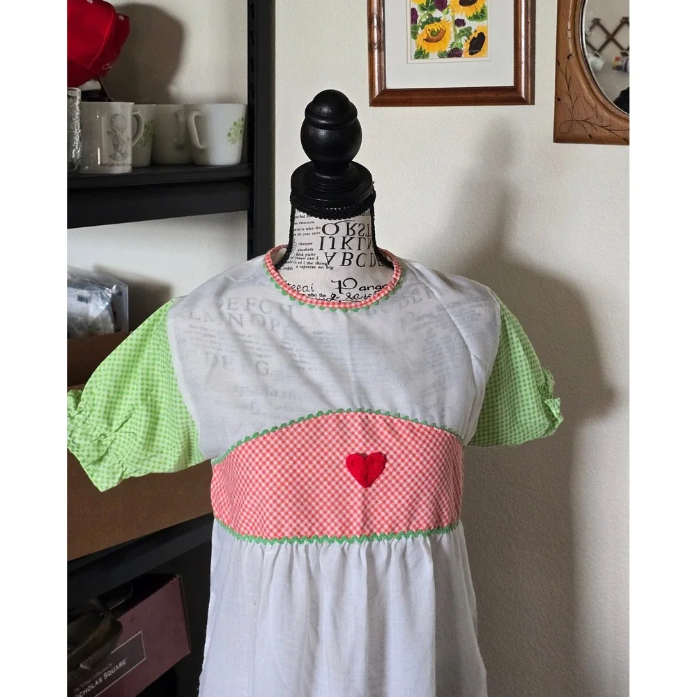 Miss B Nightgown Girls Size 12 White Gingham Heart Vintage 70s Prairie Cottage